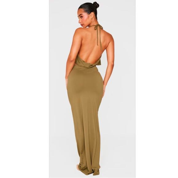 New PLT Petite Khaki Halterneck Twist Detail Maxi Dress UK SIZE XS (US 00/0) - Picture 3 of 9